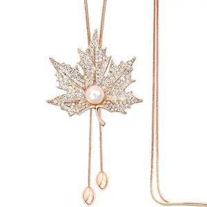 Rhinestone Crystal Leaf Necklace Elegant Cubic Zirconia Maple Pearl Pendant Y Necklace Vintage Gold Y Lariat Necklace Long Sweater Chain Statement Necklace Costume Jewelry for Women