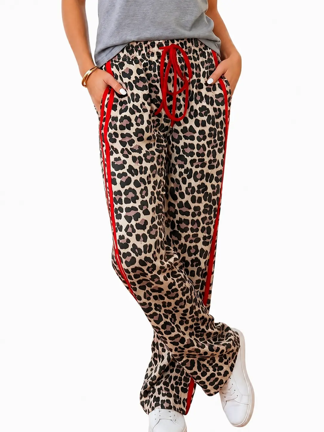 Women’s Leopard Print Casual Pants with Red Contrast Side Stripe, High Waisted Drawstring Joggers Lounge Trousers