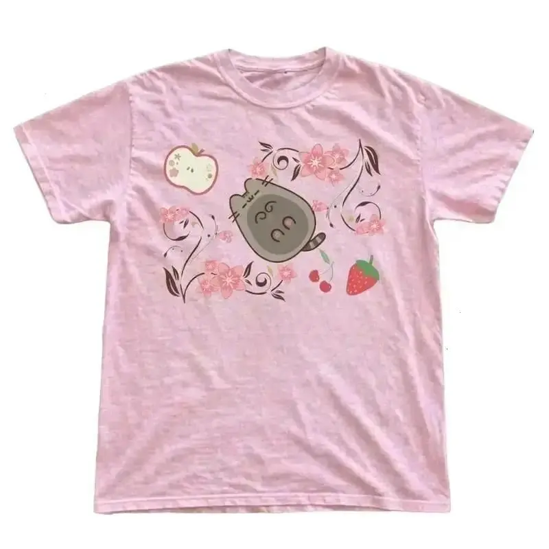 Vintage Pusheen Pink Cat T-Shirt, Cute Cherry Blossom Fruit Graphic Tee, Japanese Style Pastel Aesthetic Gift Shirt, Gildan Unisex Comfort Fit
