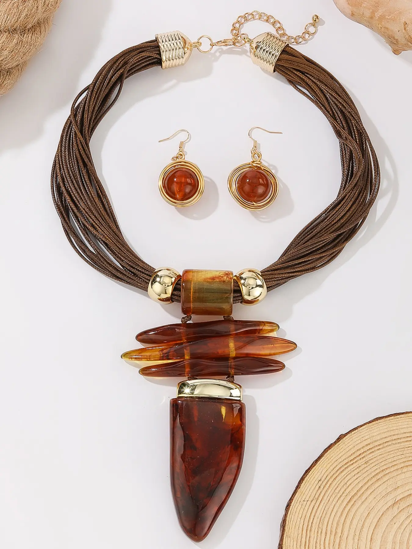 Bohemian Multi-Layer Wax Cord Necklace Resin Horn Pendant Earrings Set, Elegant Jewelry Set, Fashionable Jewelry Set, Wedding Holiday Accessory, Valentine's Day Gift
