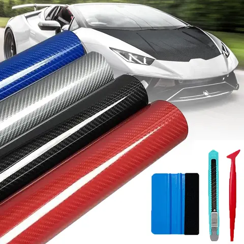 1 FT x 5 FT Gloss Carbon Fiber Car Wrap Vinyl Bubble Free Air Release Adhesive Car Wrap Film Roll DIY Decals with Cutter, Vinyl Squeegee,and Hand Tool ( 12" x 60" ) - With Wrap Tools