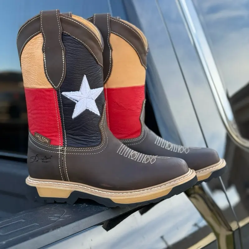 Dallon Bota de trabajo Texas con casquillo Leather Western Boots with Texas Flag Design and White Star