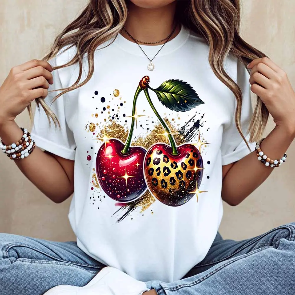 Cherry Leopard Print T Shirt White Casual Loose Fit For Everyday Wear And Light Activities