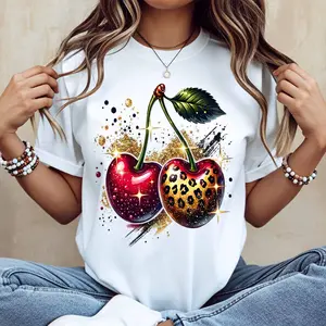 Cherry Leopard Print T Shirt White Casual Loose Fit For Everyday Wear And Light Activities