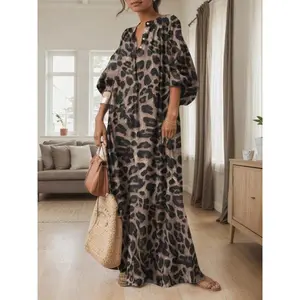 Women’s all-over leopard print dress, casual street long dress for vacation wear, ladies’ clothes for daily wear, bohemian boho fashion