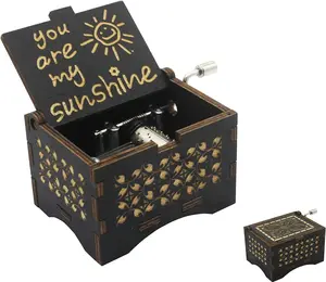Hand-Crank Wooden Music Box “You Are My Sunshine”  Romantic Gift for Lover Boyfriend Girlfriend Husband Wife, Vintage Laser Engraved, No Battery Needed, Intricate Floral Carving, Desktop Decor
