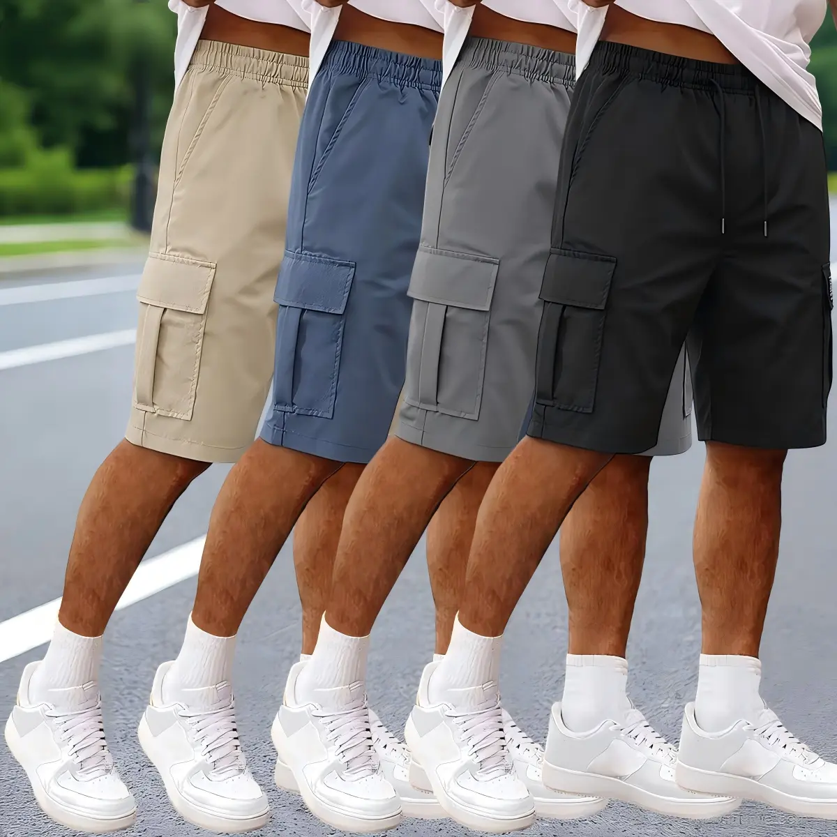 4-pack men’s stretch drawstring cargo shorts—lightweight, quick-drying, multi-pocket casual work shorts with a loose fit and knee length for summer outdoor hiking/walking. Solid-color basic street-style athletic shorts with large side storage pockets, mad