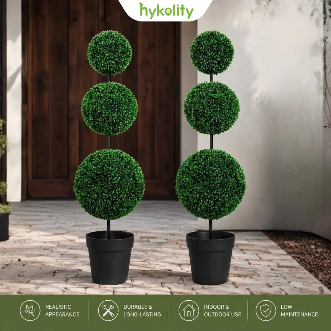 ROMSWI [Set of 2] 3FT Artificial Triple Ball Boxwood Topiary Tree, UV Resistant Faux Plants for Home, Office, Porch & Entryway Decor
