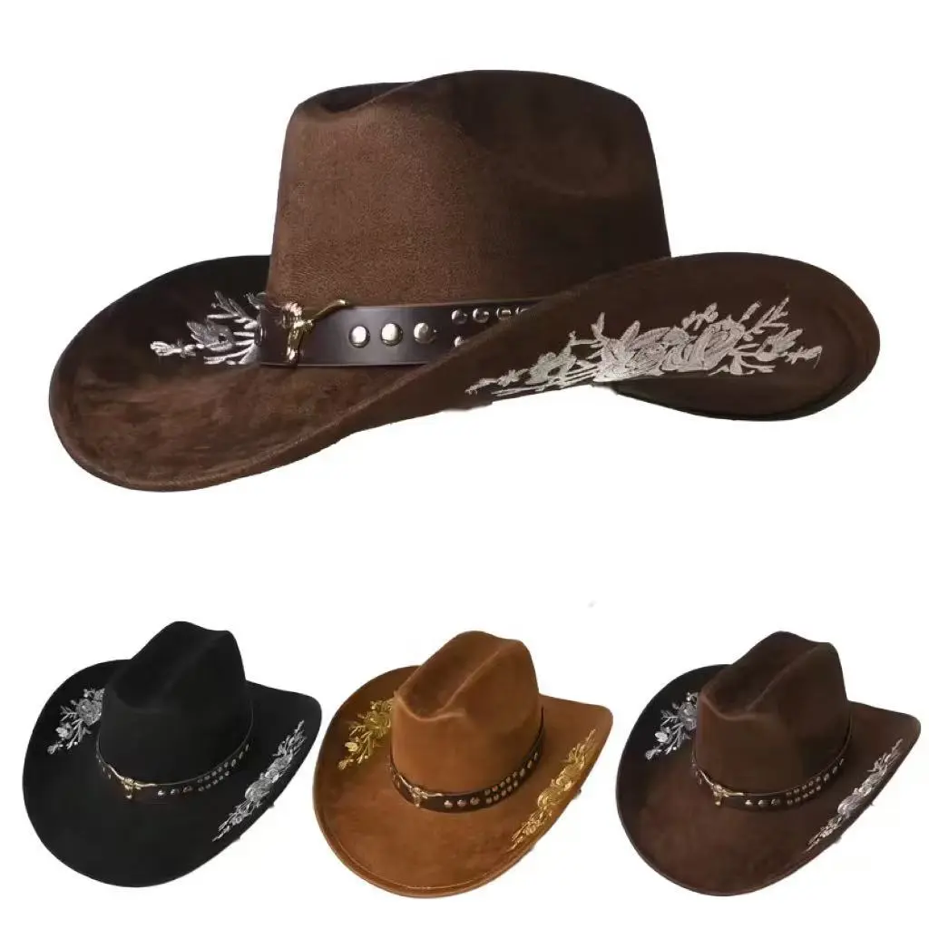 Men's embroidered cowboy hat, wide-brimmed western style with horn belt buckle, UPF sun protection for outdoor cowboy competitions, country music festivals, hunting and fishing hat, Father's Day gift
