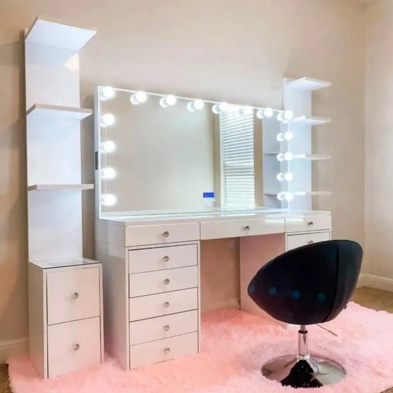 Tabletop Vanity Mirror with 14 Light Bulbs, 11 Drawers, Modern Linear Mirror, Wall Decor, Rectangle Bodytype, Shoe Display, Home Reflections