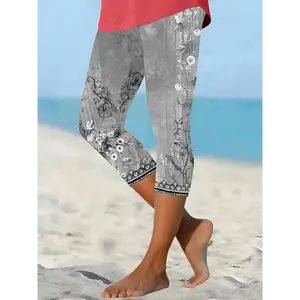 [Casual Stretch] Women's Gray Floral Capri Leggings | Casual Polyester/Spandex Stretch, Decorative Trim Beach Outings Spring/Summer/Fall