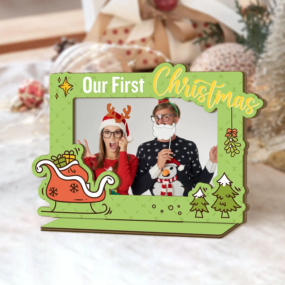 1pc Christmas Theme Wooden Photo Frame, "Our first Christmas", With a Base Can Stand on the Desktop, Best Christmas Gift choice for Yourself, Family, Desktop Decorative Sign Frame