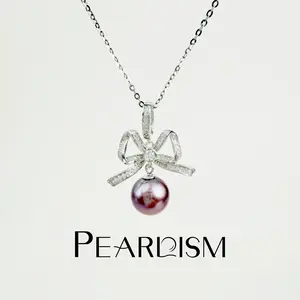 【Adee】PEARLISM Dainty Everyday Edison Pearl Pendant | 9-10mm Purple Silver Bow CZ Hypoallergenic-AFEP031