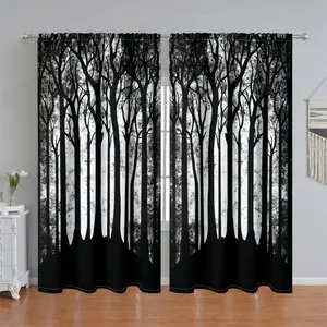 2Pcs Black and White Forest Trees Printed Curtain Panel, Abstract Nature Design, Rod Pocket Style, Semi Sunshade, Home Decor, Privacy Protection, Modern Aesthetic, suitable for living, bedroom, balcony, Home Decoration Curtain