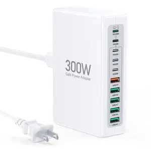 300W GaN 10-Port Charging Station, 16 Layers Safety Protection, 10-in-1 USB C&A Charger Block with 1.8M Cable, 100W Laptop Adapter for MacBook Dell XPS Steam Deck iPhone Galaxy S25, Desktop Charging Station