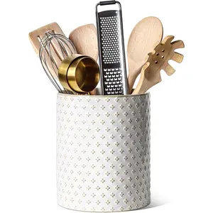 Utensil Holder, 7.1" Ceramic Kitchen Utensil Holder for Counter top, Embossed Cooking Utensil Organizer for Spatula & Spoon, Kitchen Decor, Set of 1, Arctic White, Clover