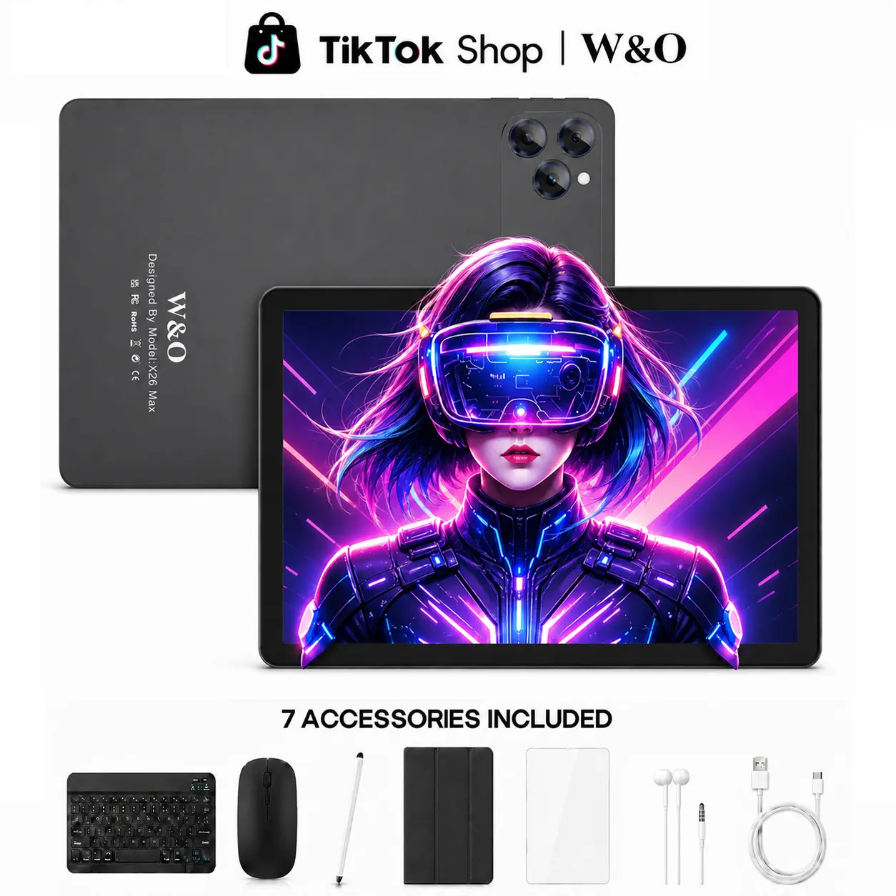 W&O Back to School-11" Android 15 Tablet, Large HD Screen, 12GB RAM+256GB Expandable Storage, 10000mAh Long-Lasting Battery, 5G WiFi, Dual Camera, Tablet Bundle with Keyboard, Mouse, Stylus&Case, Portable Device for Work, Valentine’s Day Gift