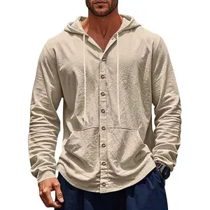 Cotton Linen Hoodies Shirt Long Sleeve Button Down Casual Shirts with Pocket Lightweight Fashion fitted Tops summer clothes basic t outfits