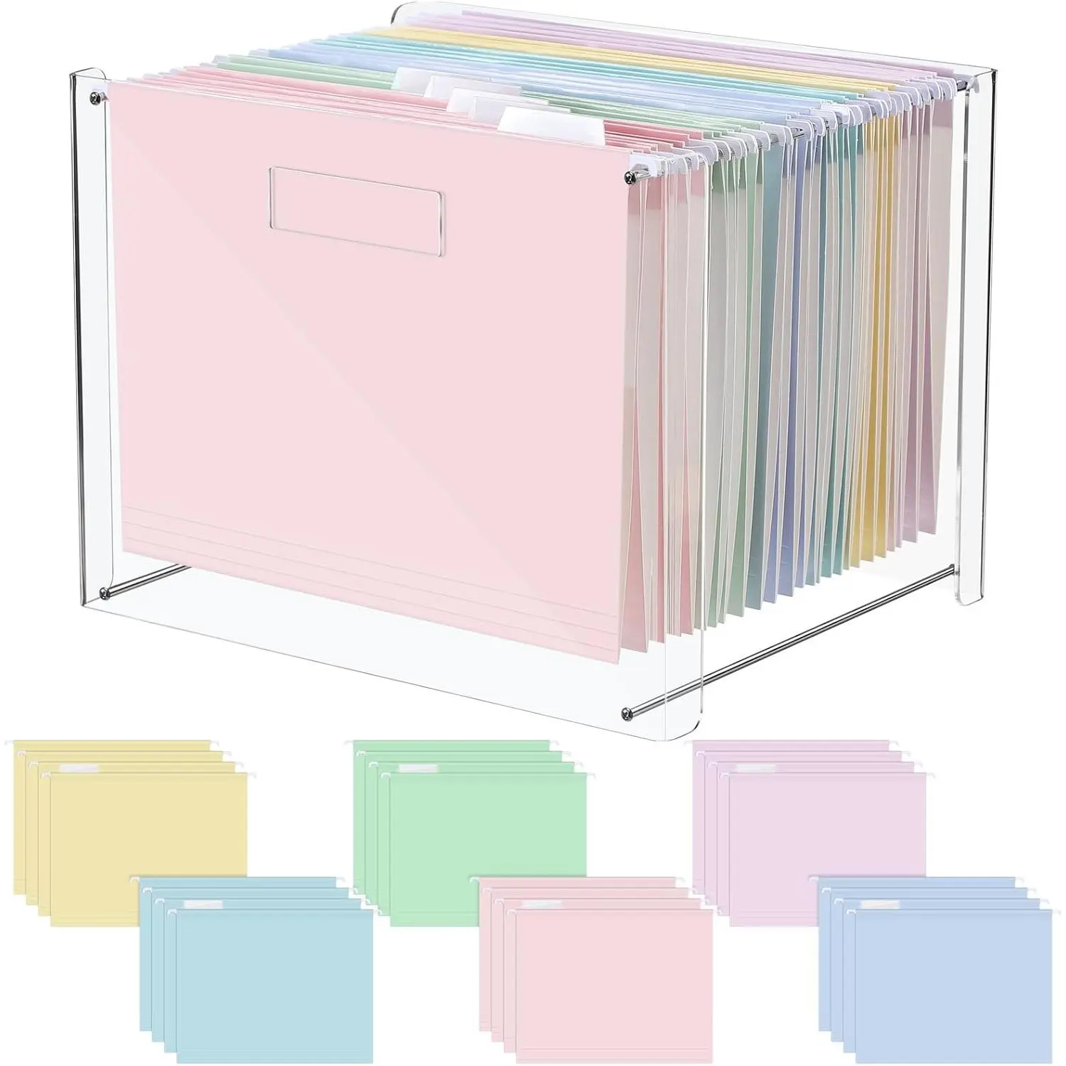 24 Hanging File Folder with  Organizer for Letter/a4 Size Desktop Clear File Storage Box with Handles for  Work Office Use(Macaroon,Classic)