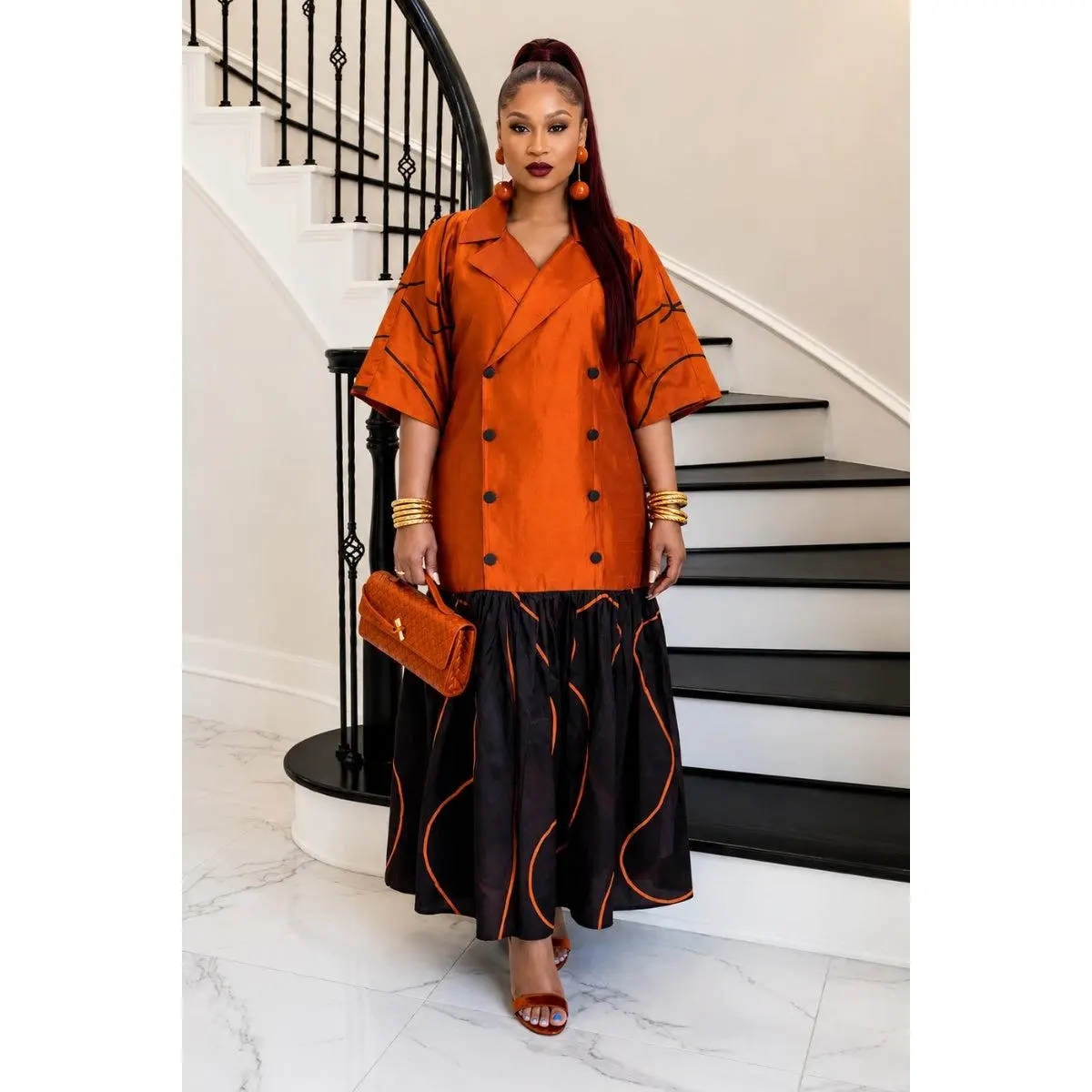The Executive Lapel Bubu Dress -Burnt Orange × Espresso