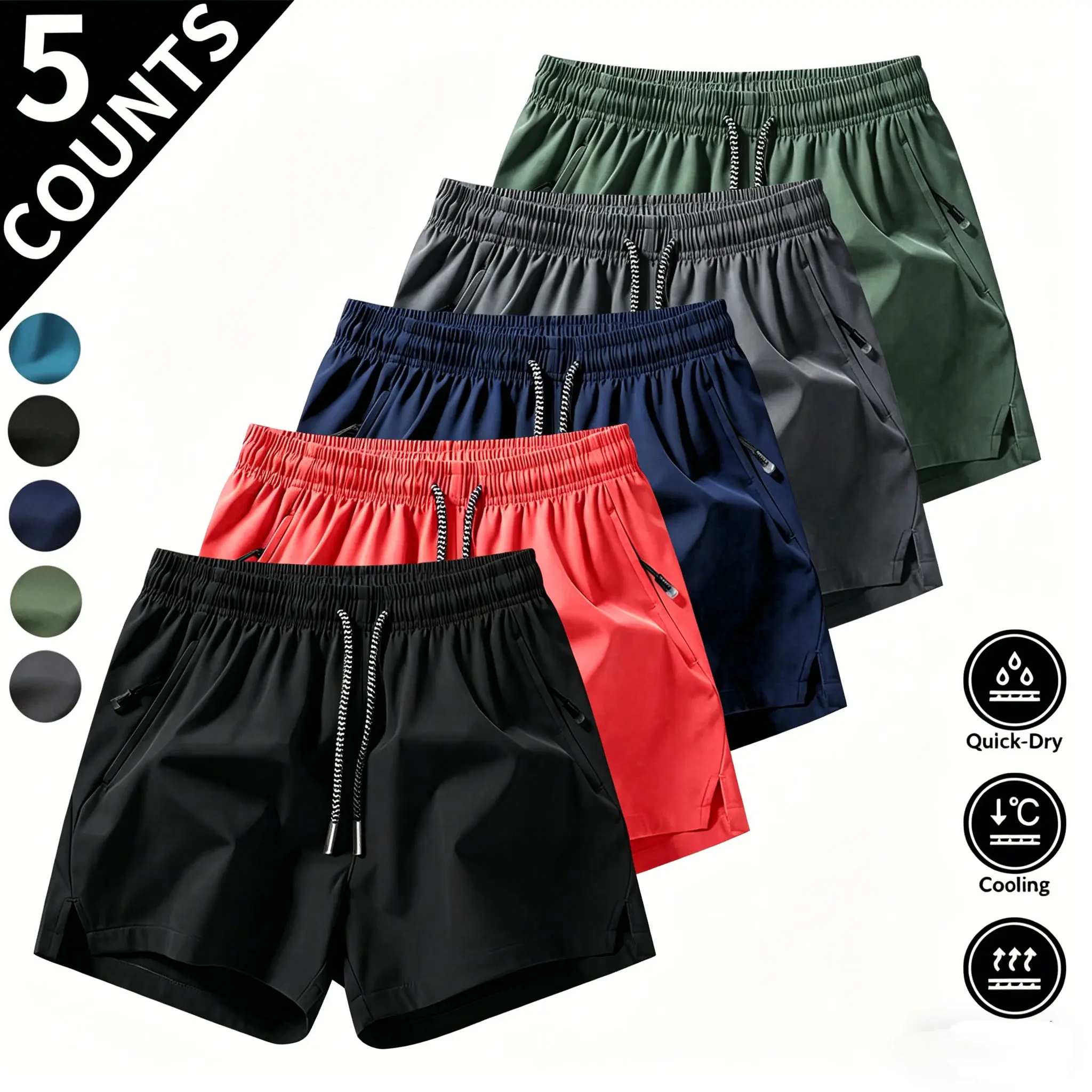 Men’s quick-dry, breathable fitness shorts with an adjustable drawstring waist, stretchy design, and side zip pockets; solid color, minimalist casual summer men’s pocket shorts. Menswear