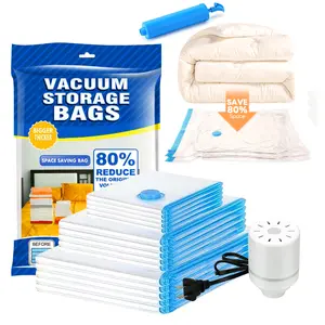 15 Pack Travel Vacuum Storage Compression Bags - Blue Transparent, Space Saver for Luggage & Suitcase. Saves 80% Space, Airtight & Moisture-Proof for Clothes. Includes Hand Pump. Perfect Valentine's Day Gifts.