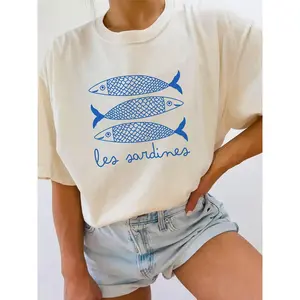 Women’s round-neck T-shirt with sardine and letter print, summer casual short-sleeve round-neck T-shirt, and everyday fashion women’s top GARMENTARY
