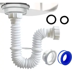 1-1/2" Sink Drain Pipe Kit, Flexible Drain Pipe P Trap, 7.5"-17.7" Flexible P Trap, Under Sink Plumbing for Bathroom & Kitchen, 1-1/4" Adapter Included