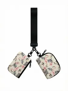 1pc Flamingo & Floral 2D Print 2-Piece Wristlet Bag Set, Detachable & Lightweight | For Students & Office Ladies, Perfect Daily Carry