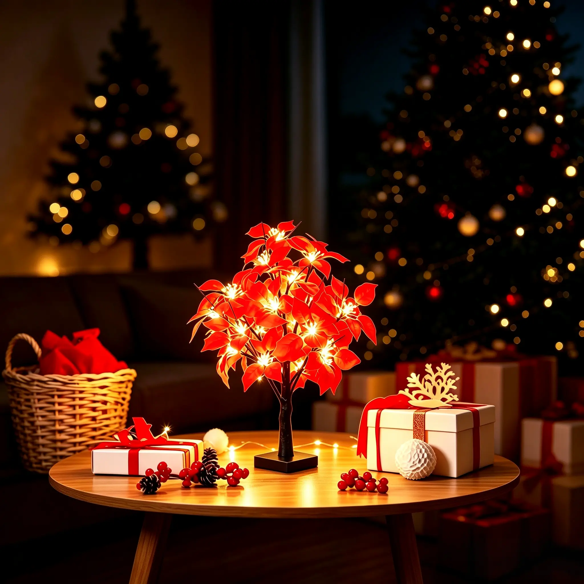 LED Poinsettia Compact Tabletop Lamp - Artificial Red Flowers, Plastic Body Holiday Decor for Bedroom Mantel Xmas Party Gift