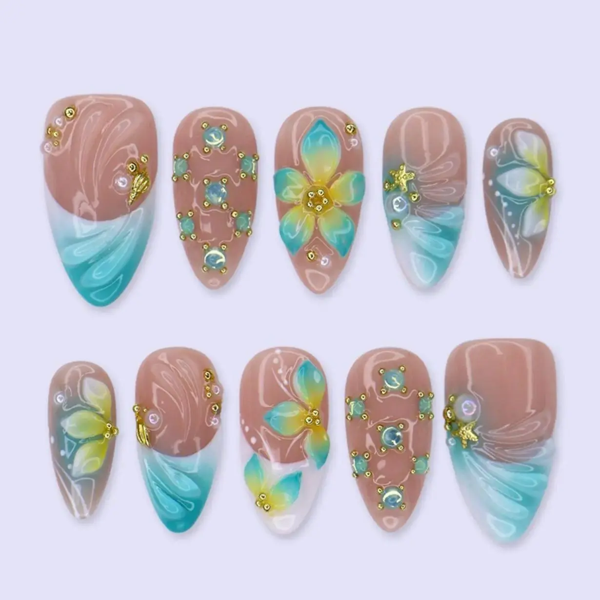 Summer Press On Nails With Aqua French Tips, Crystal Details & Gold Accents | Medium Almond Fake Nails | Handmade Nails Art Luxury Vacation