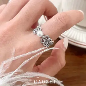 French-style lace pearl zircon ring, niche and gentle, adjustable index finger ring, Korean light luxury style, stackable ring