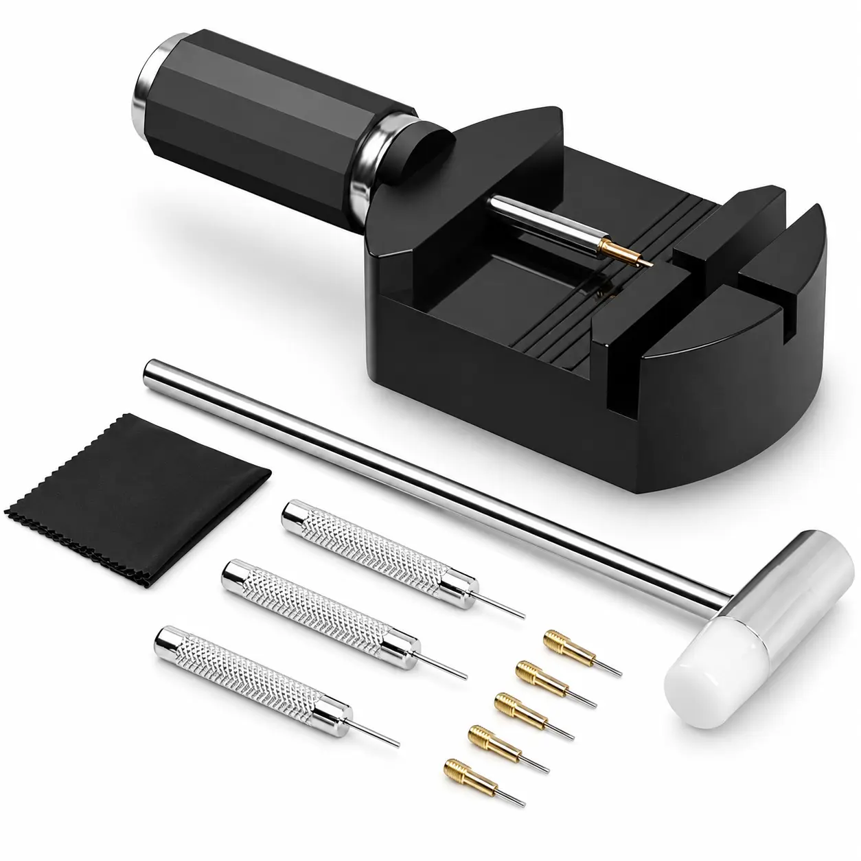 11 PCS Watch Band Link Removal Tool Kit, Adjustable Watch Link Remover with Pin Punches, Replacement Tips & Mini Hammer, Watch Bracelet Resizing Repair Tool Set for Metal Watch Straps, DIY Watch Adjustment