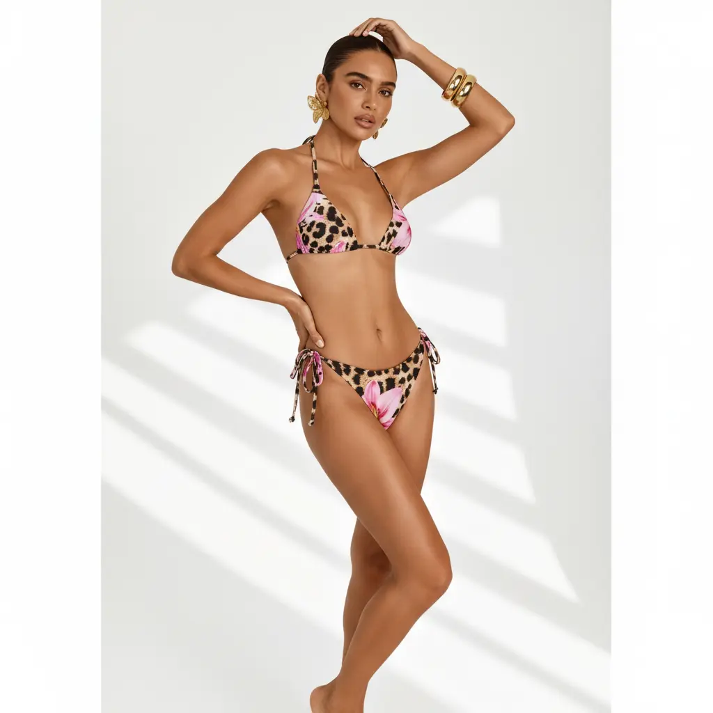 Women's Leopard-Floral Print Combo Halter Bikini Set - Adjustable Tie-Side Triangle Quick-Dry Outdoor Swim Sports Swimsuit