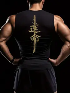 Men's Destiny Text Print Tight-Fitting Sports Vest, Quick-Dry Breathable Sleeveless Shirt, Fitness Running Training Gym Wear, Sports Vest Top