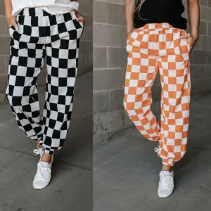 Women Sweatpants, Elastic Waist Plaid Pants Trousers with Pockets for Casual Daily