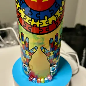 Custom Made Autism Awareness Tumbler with Name Charm - Colorful Puzzle Hands Design & Personalized Name Beads Bottle Drinkware