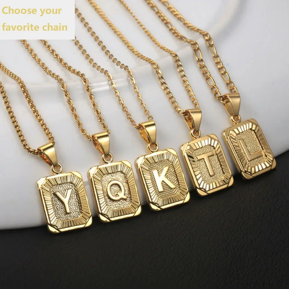 Initial Letter Pendant Necklace Gold Color Capital Letter Charm Necklace for Men Women with Curb Cuban Chain Rope Figaro Link
