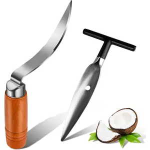 2-Piece Coconut Cutting Tool - Stainless Steel Coconut Punch and Coconut Meat Removal Scraper with Durable Non-Slip Handle, Coconut Punching Tool