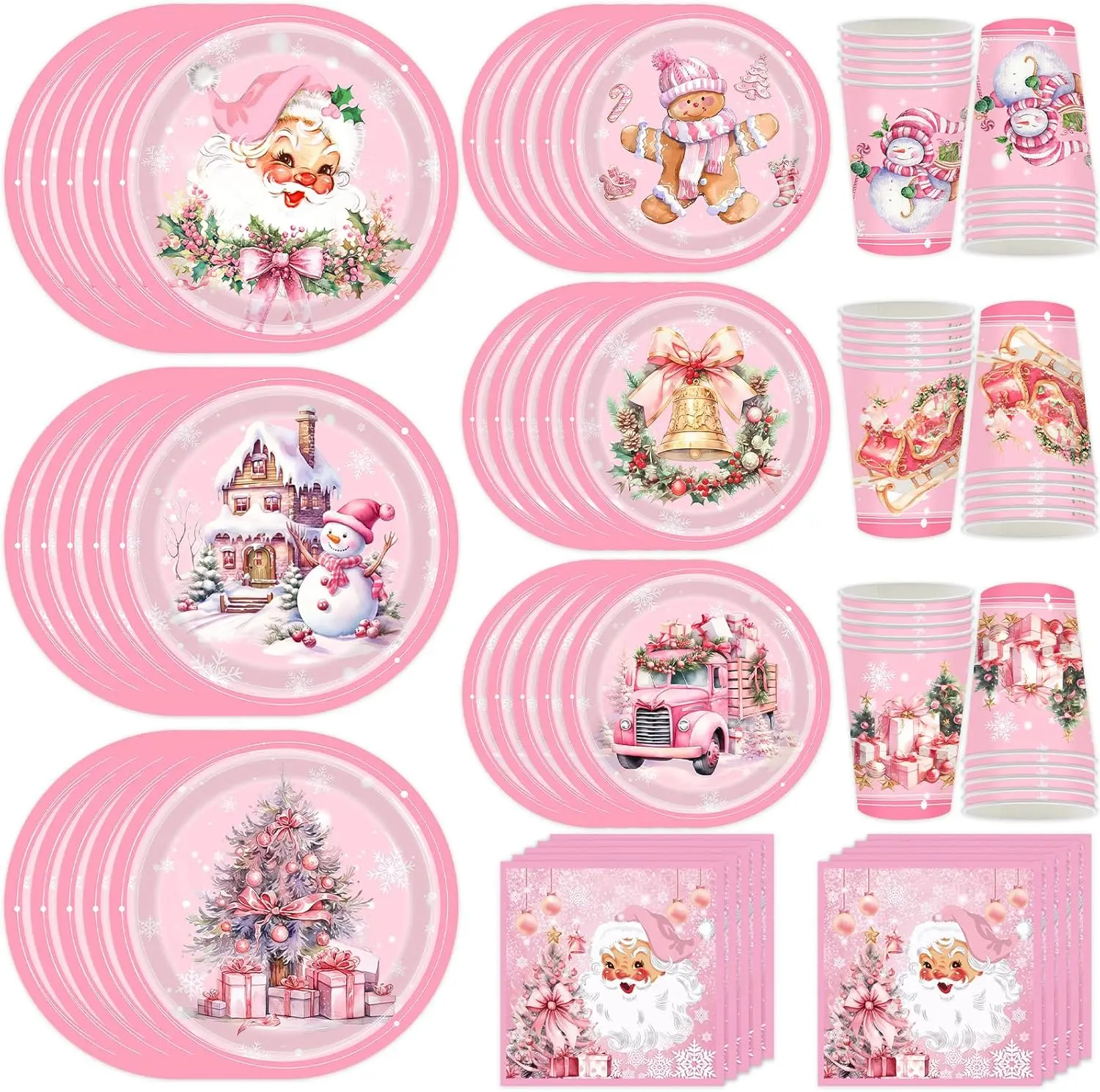 120 PCS Pink Christmas Party Supplies Plates Set,Santa Claus Tableware Include Plates,Napkins and Cups for Christmas Birthday Party Decorations(Serve 30)