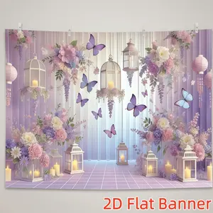 1PC Custom 2D Flat Polyester Backdrop - Romantic Purple Flower, Butterfly Theme, Warm Lantern, Candle Accents, Festive Banners, Ornaments for Wedding, Birthday Party Decor & Home Celebration Background