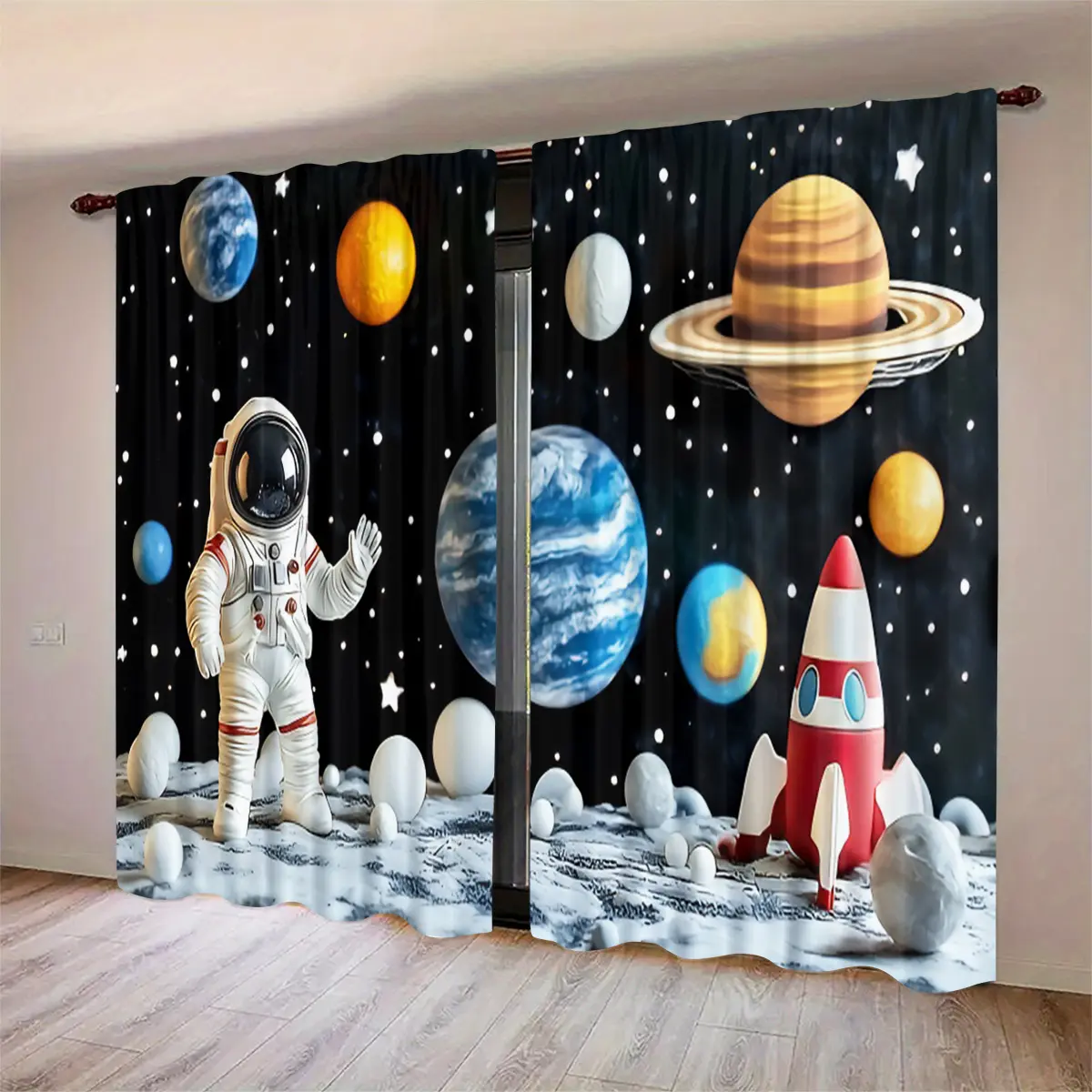2pcs Space Astronaut Pattern High-Definition Digital Print Curtains, Polyester Material, Semi-Transparent Privacy Protection, Washable, Home Decor, Home Decorative Curtain