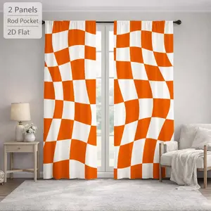 2Pcs Modern Orange White Checkerboard Wavy Pattern Sun Blocking Curtains Digital Printed Rod Pocket, Window Treatment For Bedroom Office Kitchen Living Room Study Home Decor