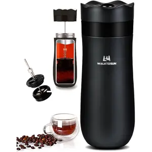 Portable French Press Travel Coffee Maker, Double Walled Stainless Steel Vacuum Insulated Coffee Maker and Tea Maker,12 Ounce, Mini Vacuum Mug Filter Coffee Cup for Travel (Black)