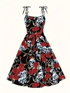 Women's Fashion Casual Dark Skull Rose Vintage Halter Dress, Waist Cinched A-Line Gothic Slimming Strap Style Dress, Plus Size Lace Up Skirt