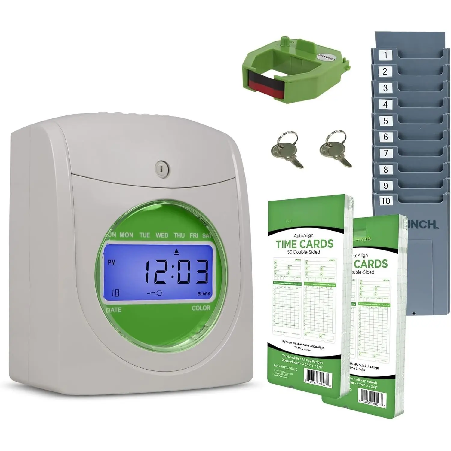 HN1500 Starter Time Clock Bundle for Small Business: Employee Punch Clock System with 100 Time Cards, Card Rack, and Ribbon