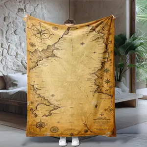 Vintage Nautical Map Blanket, Coral Fleece Thick Cover Blanket, Autumn Winter Sofa Warm Nap Blanket, Cozy Home Essentials