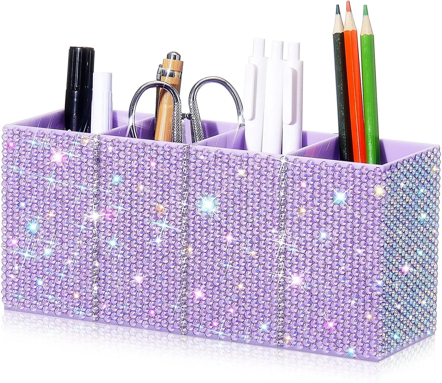 Bling Desk Organizer for Women, Rhinestone Pen Makeup Brush Holder, Girly Desk Accessories Organizer for Office Classroom Elevate Your Workspace with Serenity(Rhinestone,Purple)