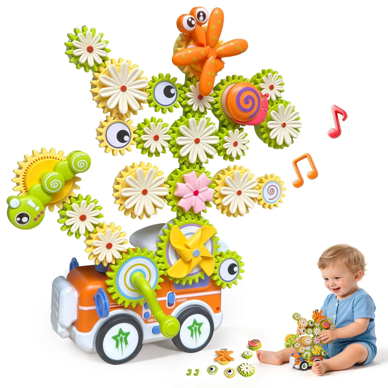 Snugplaya Montessori Toys, Toddler Musical Train Set with Gears, Orange | Electric Musical Train with DIY Rotating Gears, Flowers and Insect Parts for STEM Learning, Sensory Play and Gifts for Ages 3–12