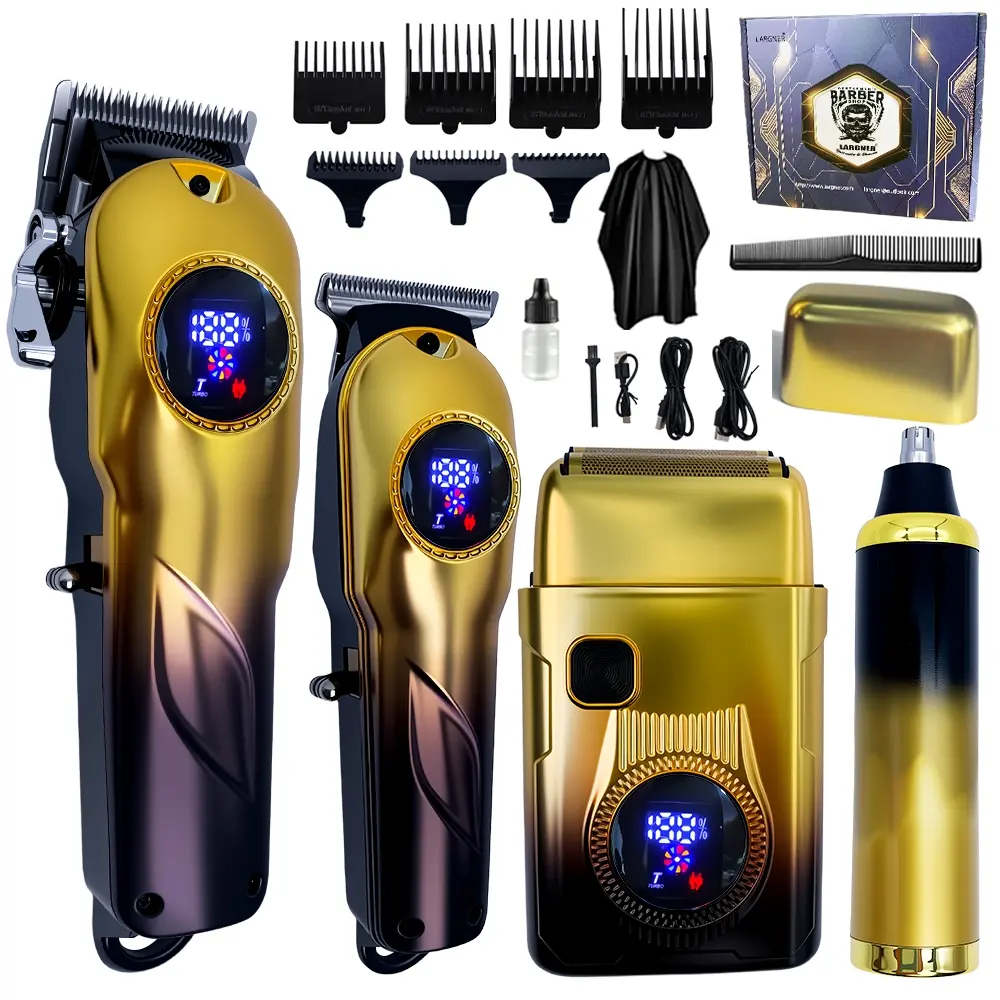 LARGNER-Men's Professional Hair Clipper Set, Cordless Barber Hair Clippers Kit with Trimmer, Four-In-One Hair Cutting Tool, Gold Gradient Color
